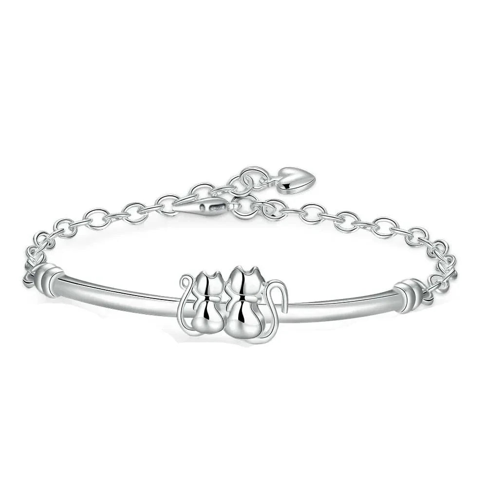 Silver Double Cat Curb Bracelet