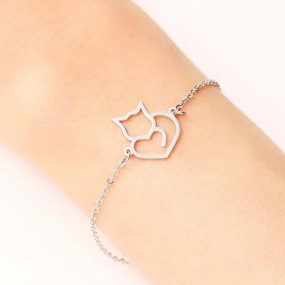Silver Cat Heart Curb Bracelet
