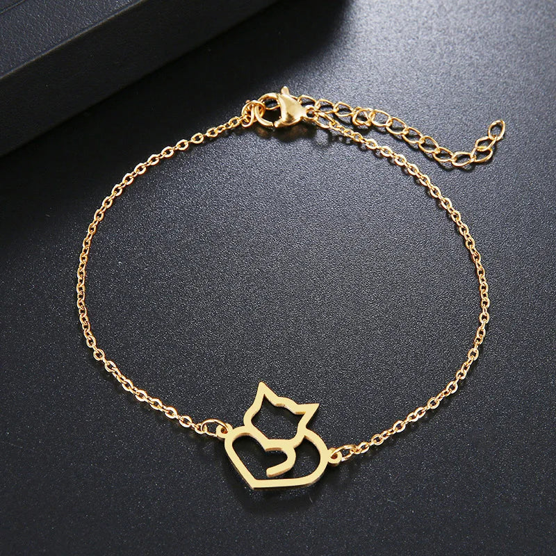 Gold Cat Heart Curb Bracelet