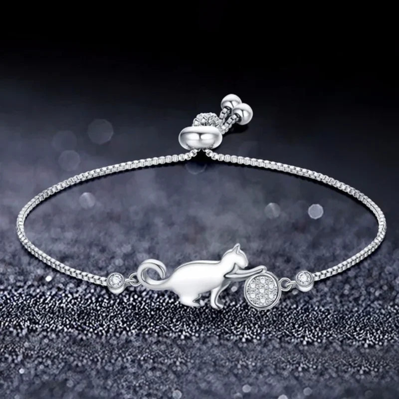 Silver Zircon Cat Cuban Link Bracelet