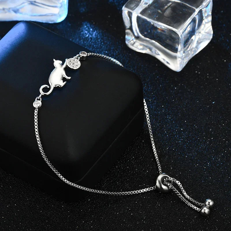 Silver Zircon Cat Cuban Link Bracelet
