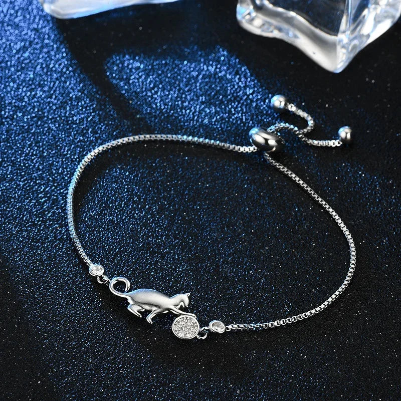 Silver Zircon Cat Cuban Link Bracelet