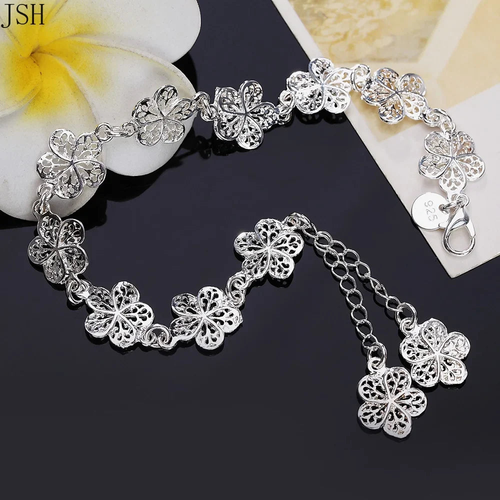 Five-Petal Flowers Silver-Tone Curb Chain Bracelet