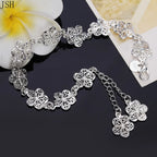 Five-Petal Flowers Silver-Tone Curb Chain Bracelet