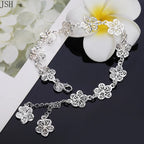 Five-Petal Flowers Silver-Tone Curb Chain Bracelet