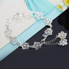 Five-Petal Flowers Silver-Tone Curb Chain Bracelet