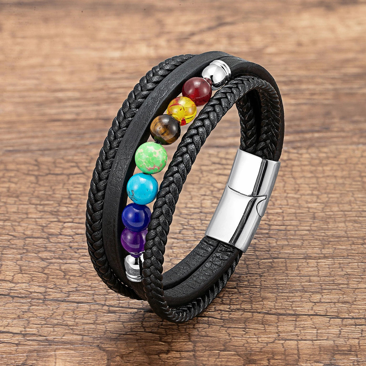 Silver 7 Chakras Leather Men’s Bracelet
