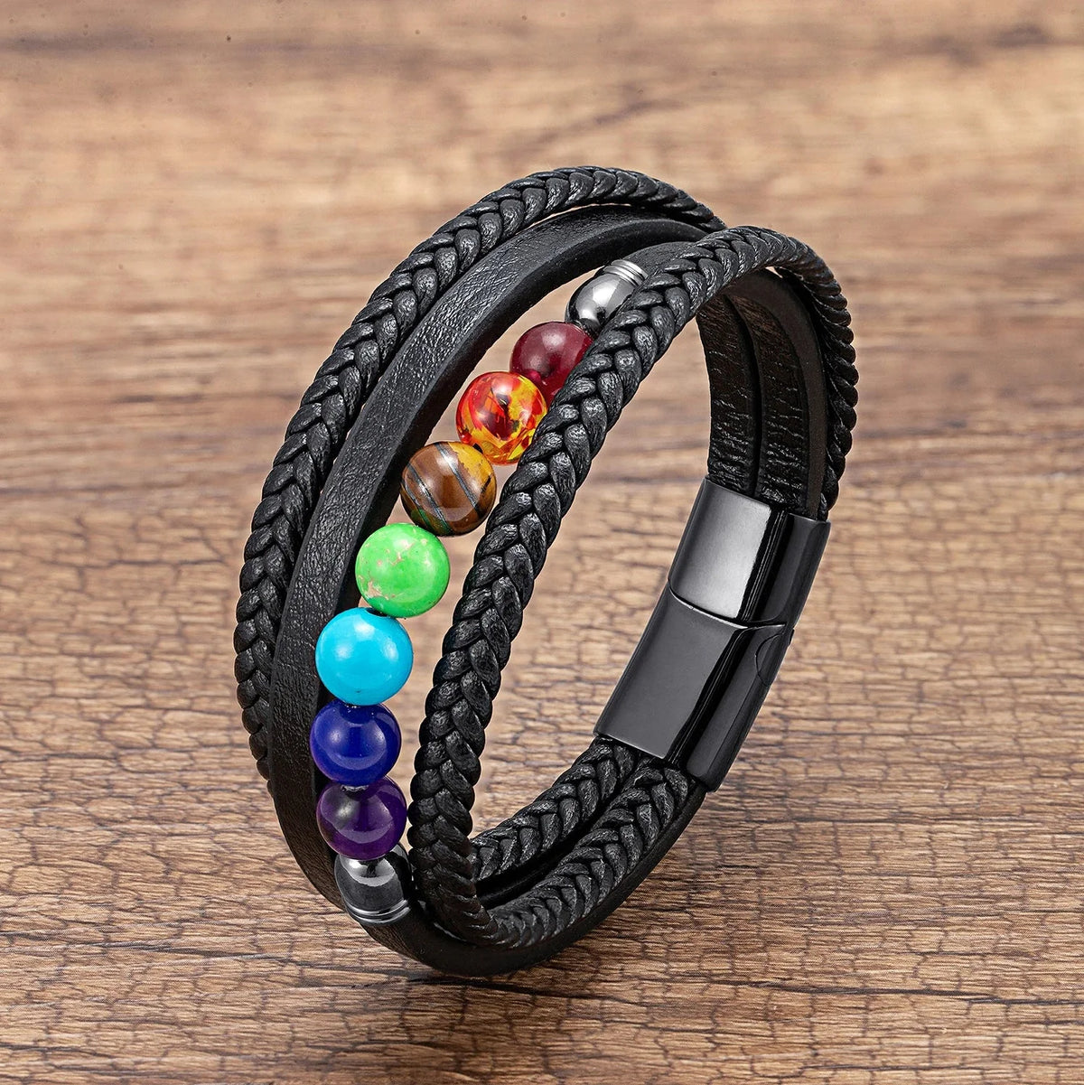 Black 7 Chakras Leather Men’s Bracelet