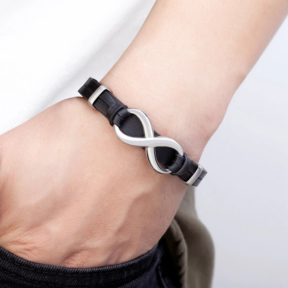Infinity Bracelet Black and Silver Leather