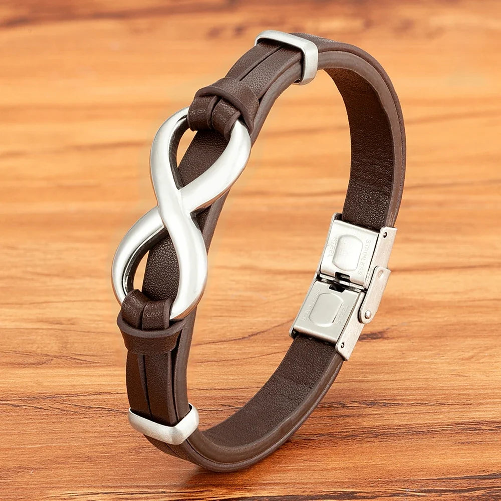 Infinity Bracelet Brown and Silver Leather