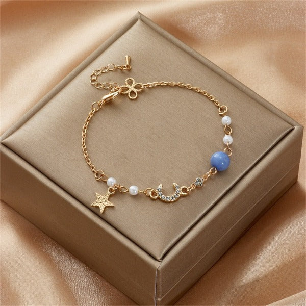Moon and Star Women's Bracelet Link Chain Celestial Motifs Blue