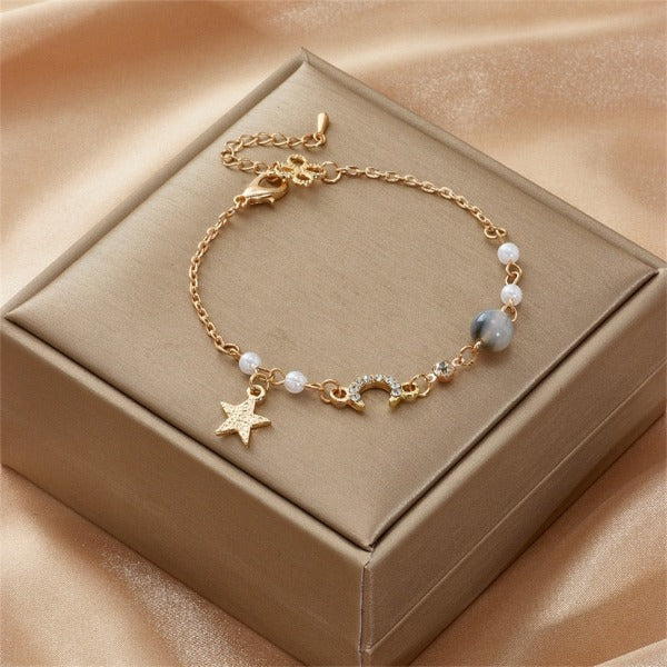 Moon and Star Women's Bracelet Link Chain Celestial Motifs Gray
