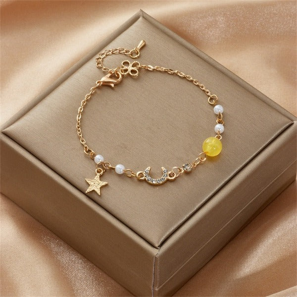 Moon and Star Women's Bracelet Link Chain Celestial Motifs Yellow