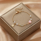 Moon and Star Women's Bracelet Link Chain Celestial Motifs Pink