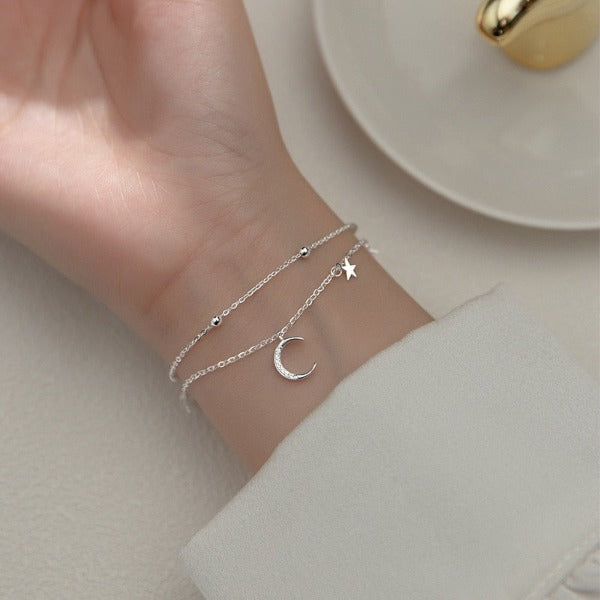 Moon and Star Women's Silver ID Bracelet