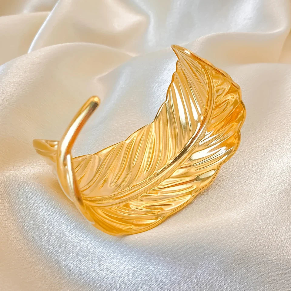 Gold-plated feather cuff bracelet