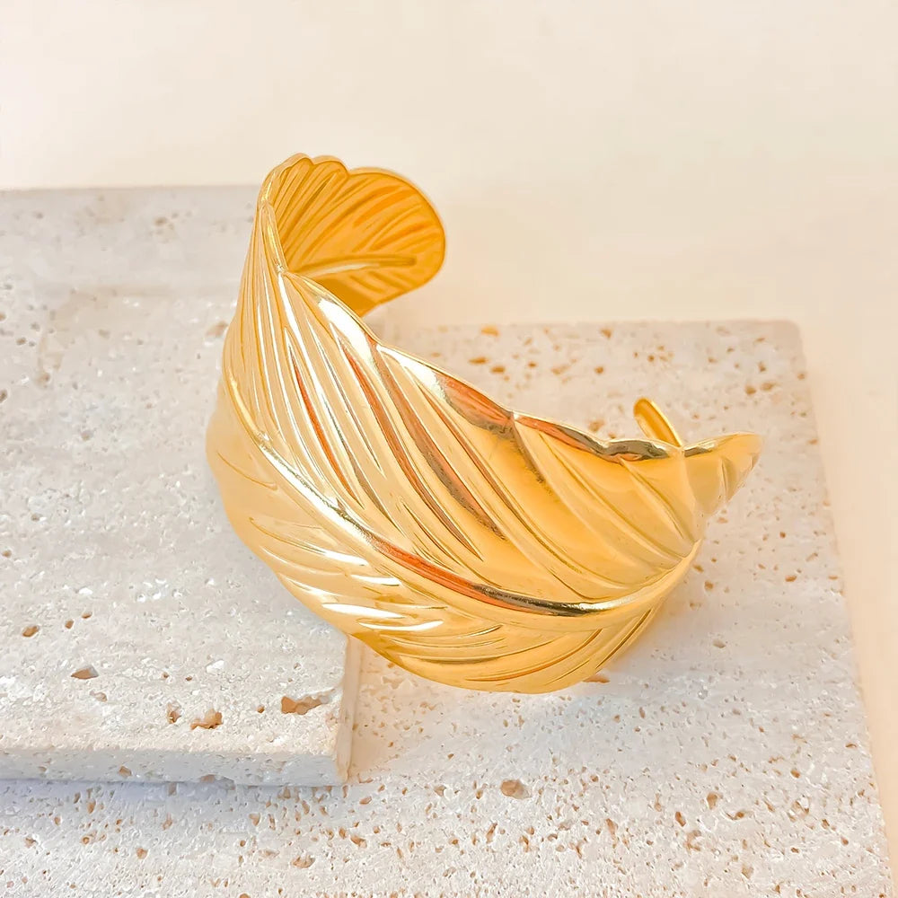 Gold-plated feather cuff bracelet