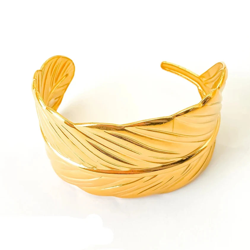 Gold-plated feather cuff bracelet
