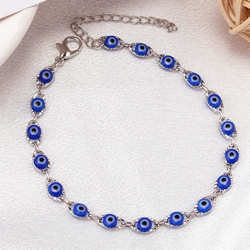 Blue Evil Eye Bohemian-Style Bracelet in Silver