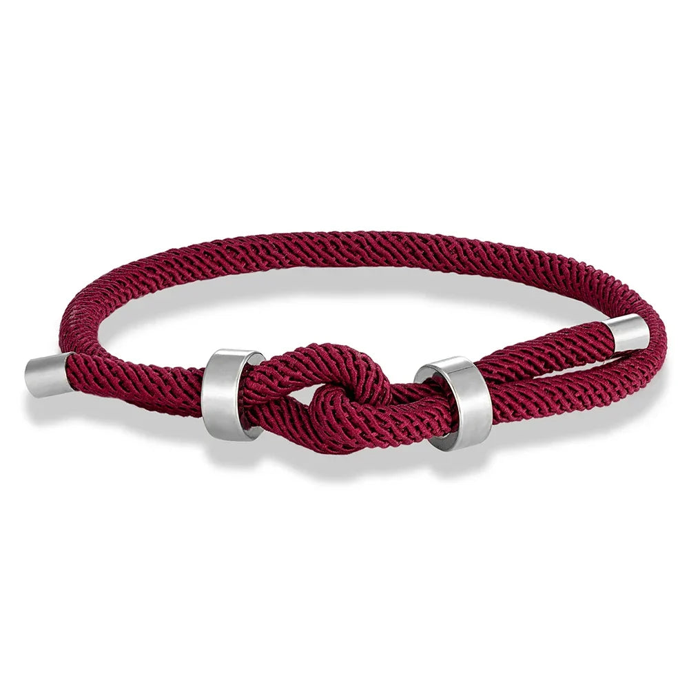 Modern braided cord bracelet with burgundy knot