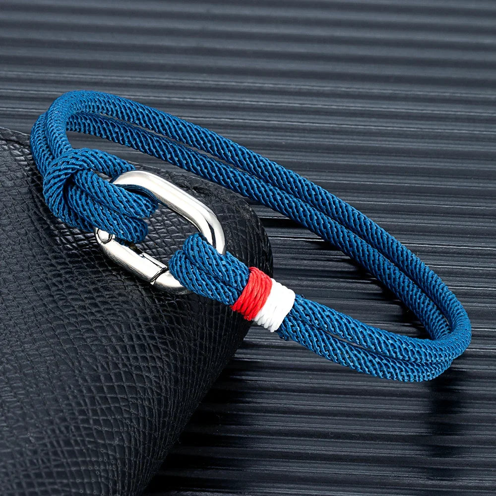 Nautical braided rope bracelet with knot for men or women blue