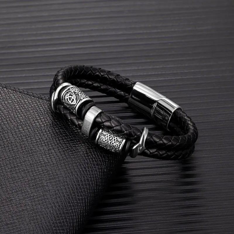 Black Leather Viking Mythology Bracelet Silver