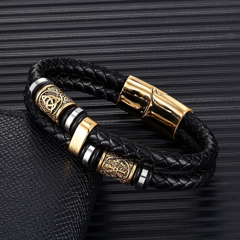 Black Leather Viking Mythology Bracelet Gold