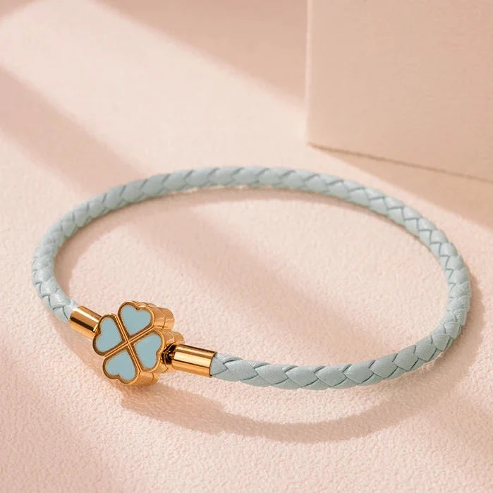 Braided Leather Bracelet with Four-Leaf Clover blue
