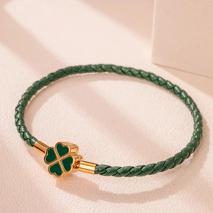 Braided Leather Bracelet with Four-Leaf Clover dark green