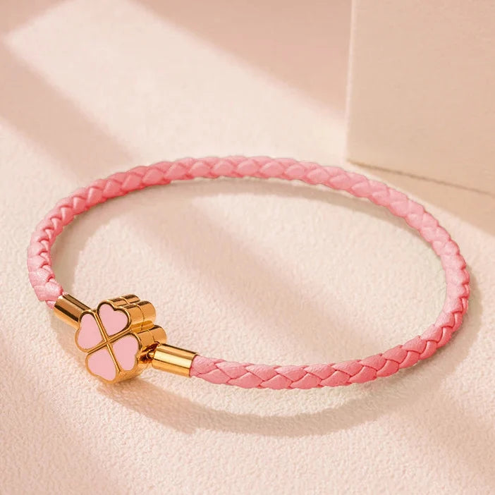 Braided Leather Bracelet with Four-Leaf Clover pink