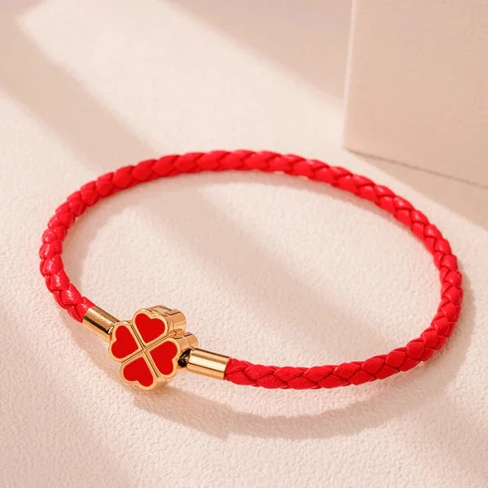 Braided Leather Bracelet with Four-Leaf Clover red