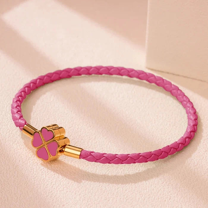 Braided Leather Bracelet with Four-Leaf Clover dark pink