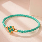Braided Leather Bracelet with Four-Leaf Clover teal