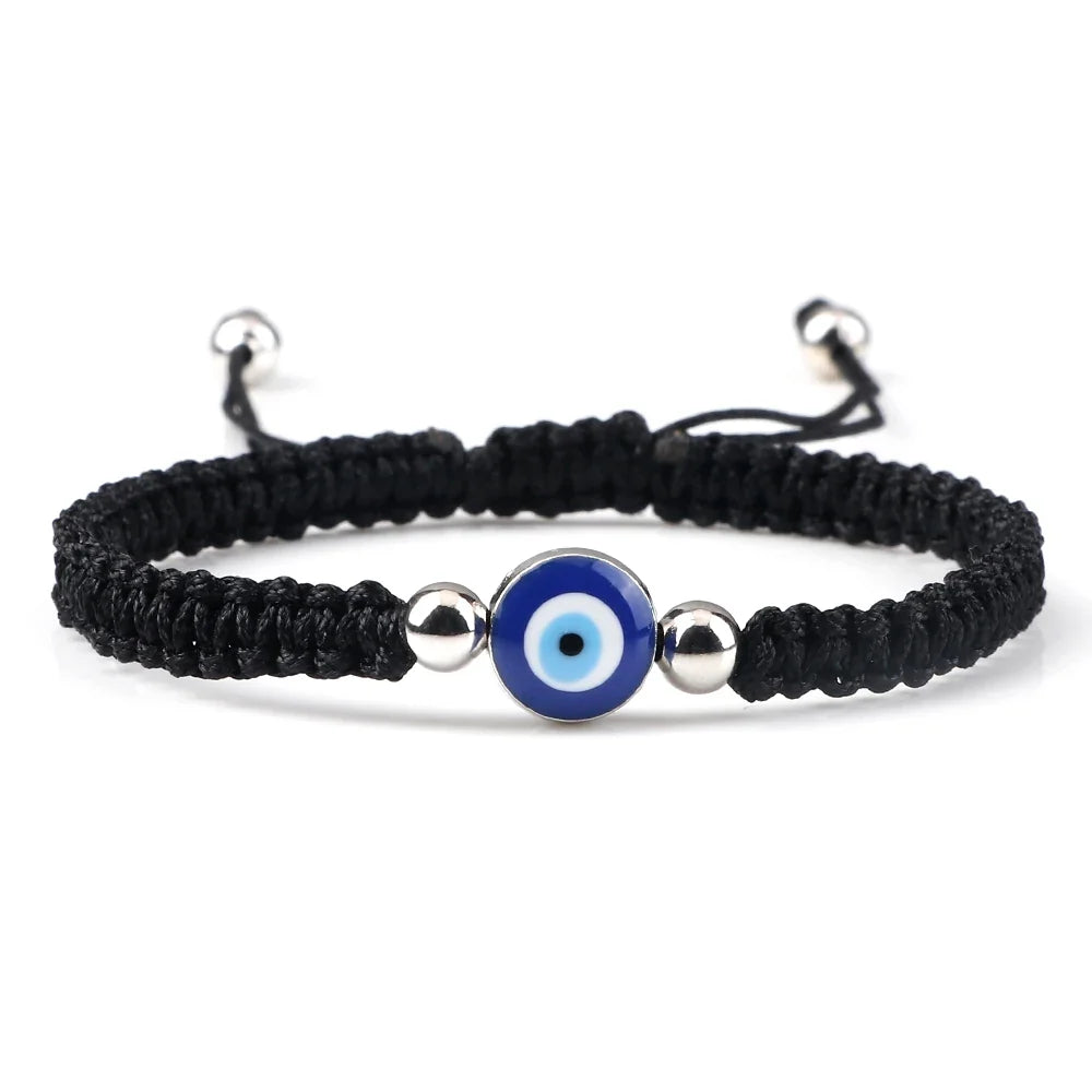 Blue Evil Eye Braided Bracelet, black and silver