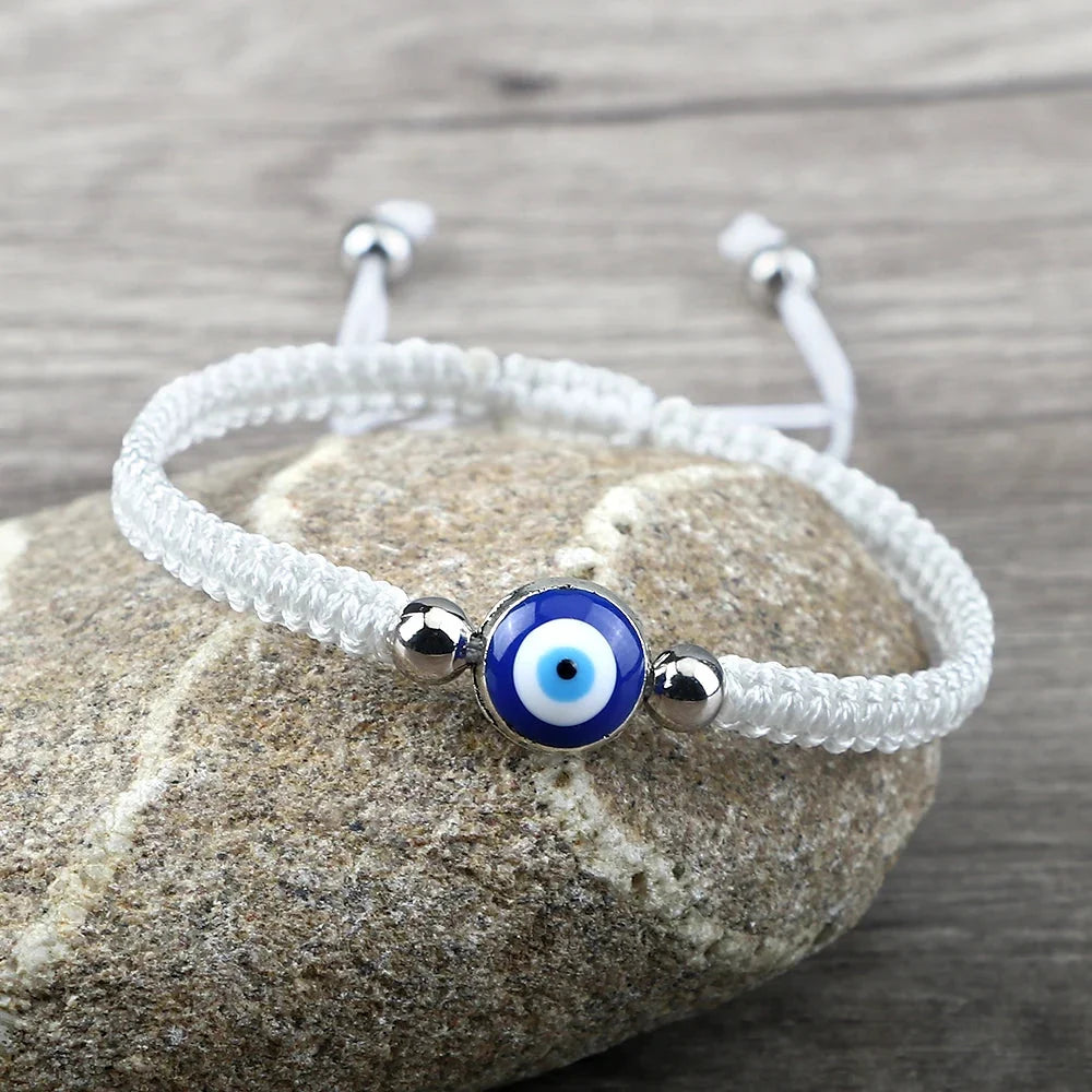 Blue Evil Eye Braided Bracelet, white and silver