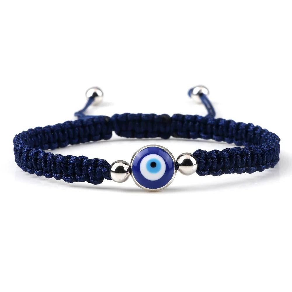 Blue Evil Eye Braided Bracelet, blue and silver