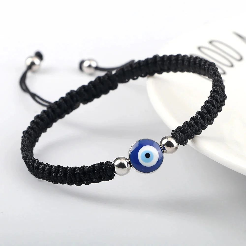 Blue Evil Eye Braided Bracelet, black and silver