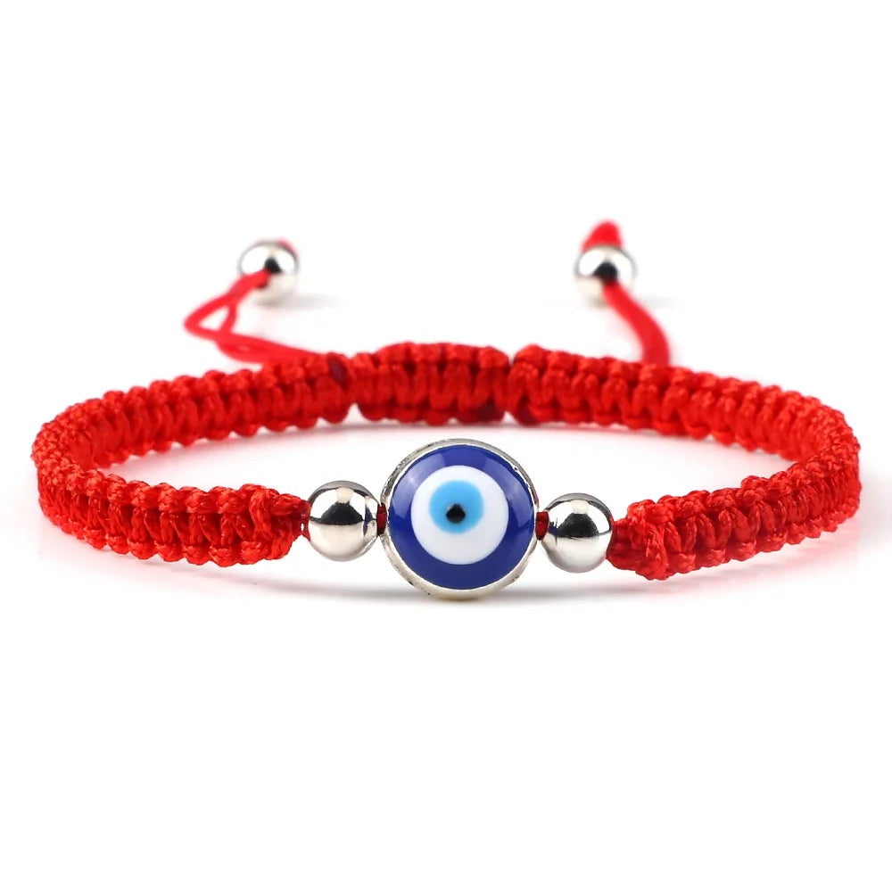 Blue Evil Eye Braided Bracelet, red and silver
