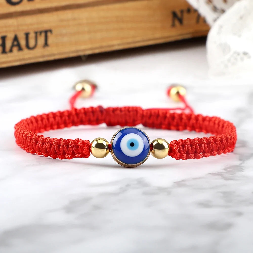 Blue Evil Eye Braided Bracelet, red and gold