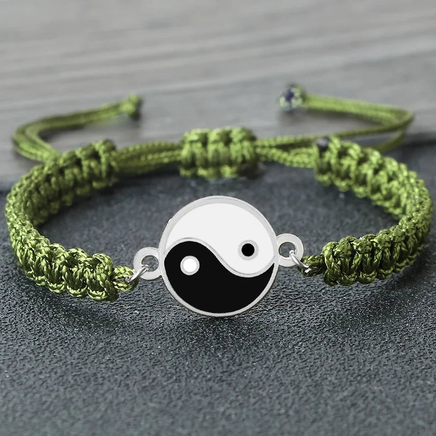 Green and Silver Woven Yin Yang Bracelet