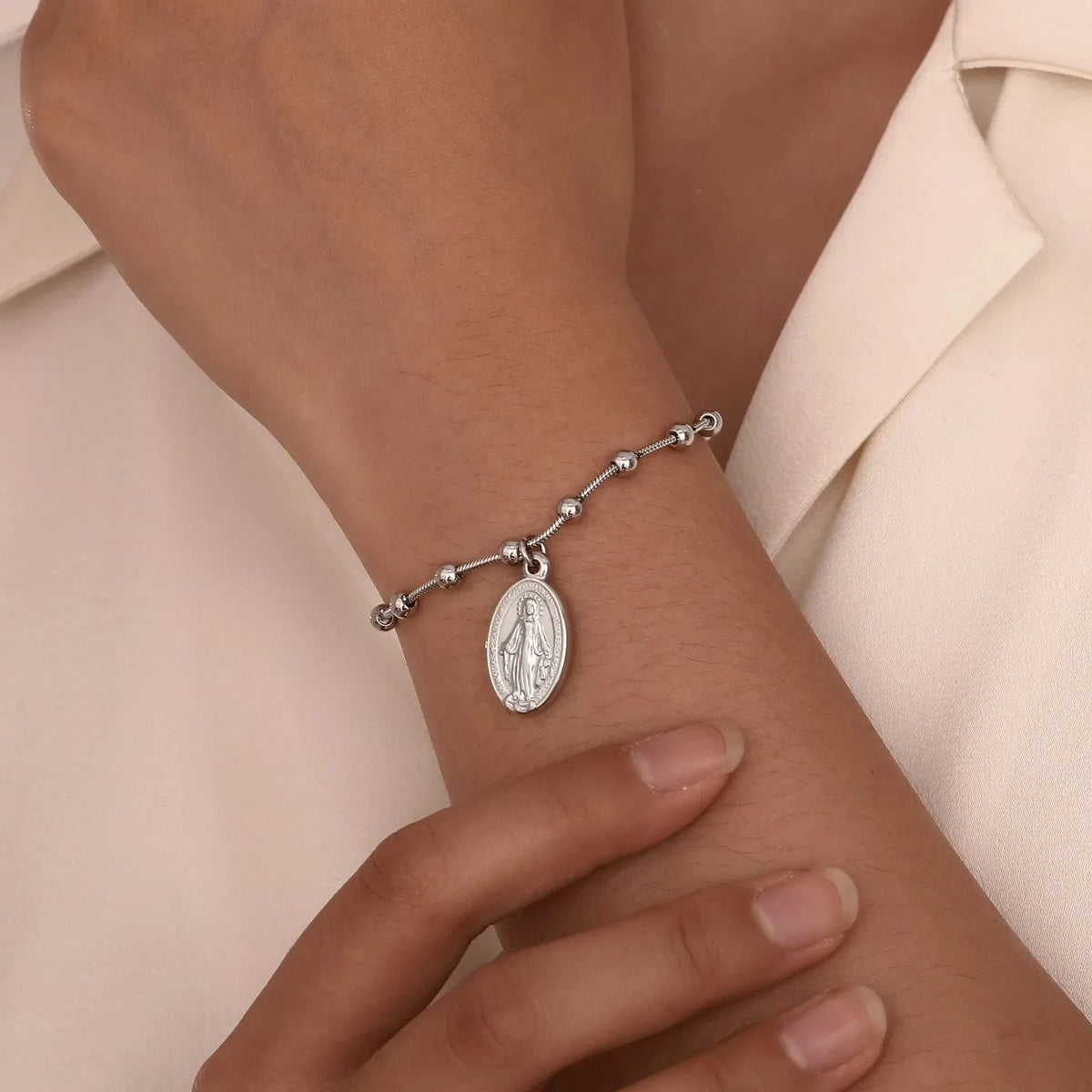 Virgin Mary Christian curb chain bracelet silver