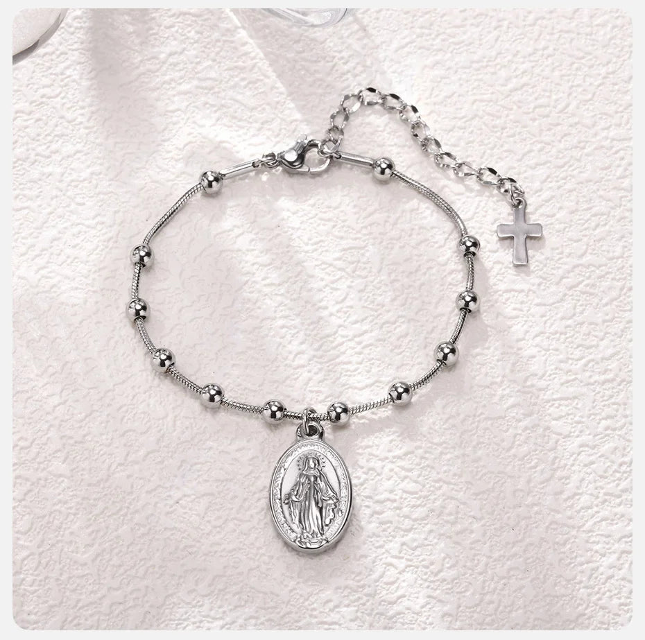 Virgin Mary Christian curb chain bracelet silver