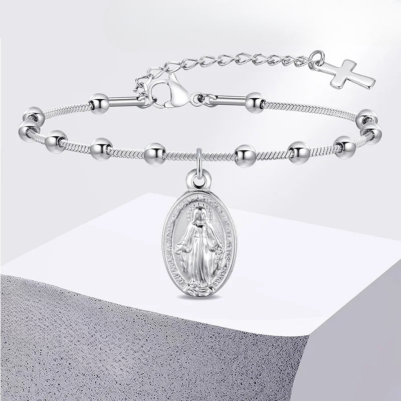 Virgin Mary Christian curb chain bracelet silver