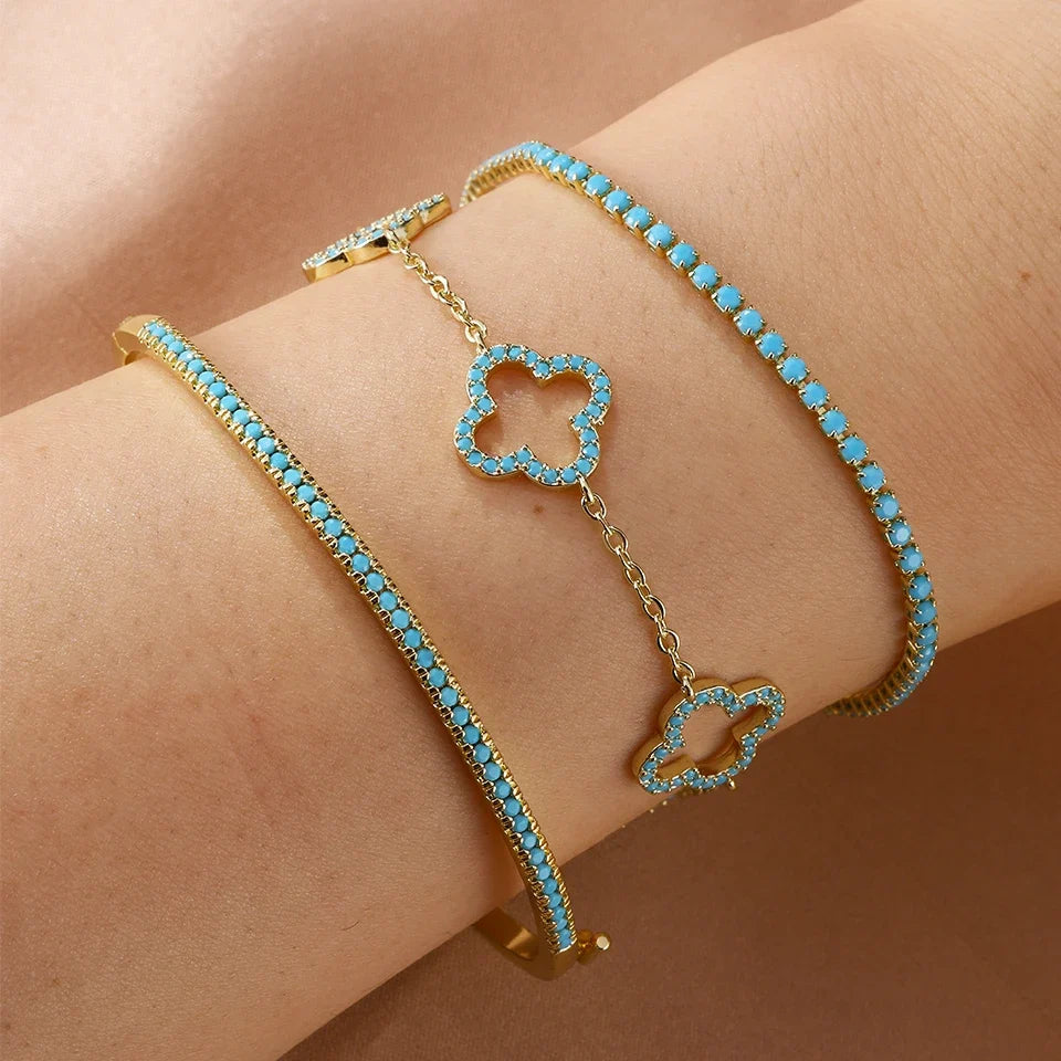 Set of 3 Bracelets with Blue Zircon Four-Leaf Clovers