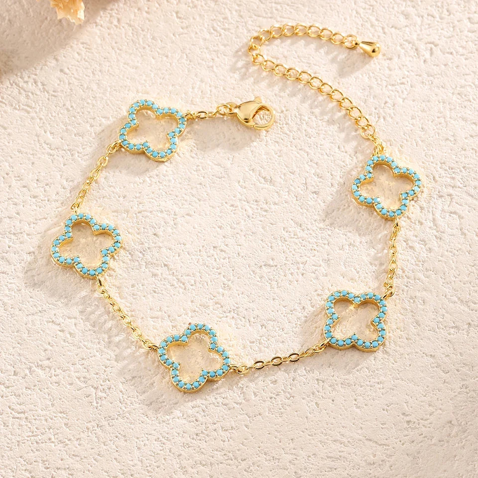 Set of 3 Bracelets with Blue Zircon Four-Leaf Clovers