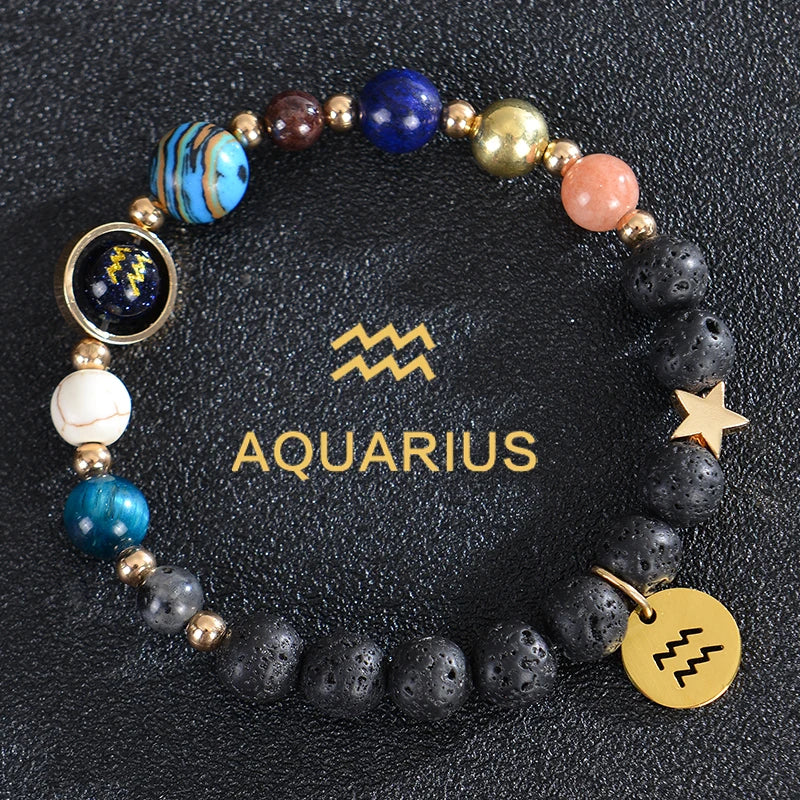 Lava Stone Bracelets, 12 Constellations, Zodiac Astrological Signs, Aquarius