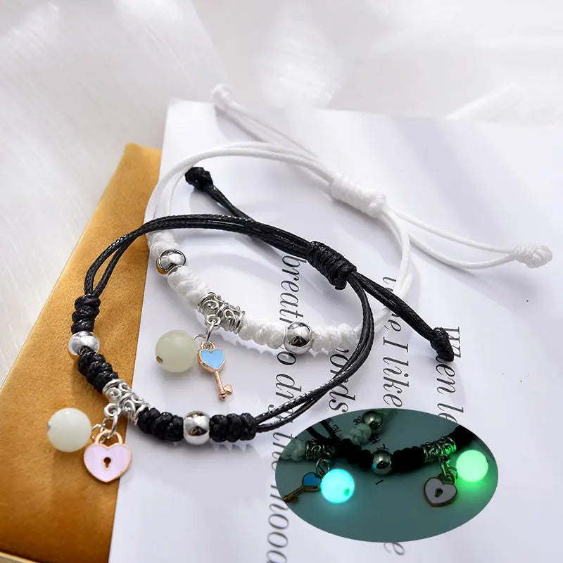 Couples' Bracelets with Luminescent Pearl, Heart and Key Chain 1