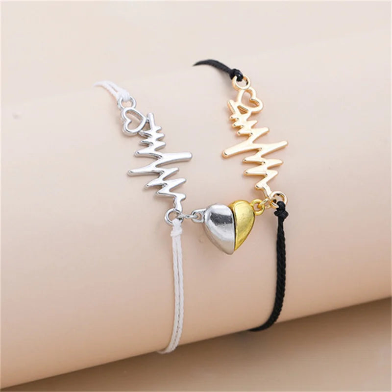 Couple Bracelets Magnetic Curb Link Bracelet Heart and Electrocardiogram 2