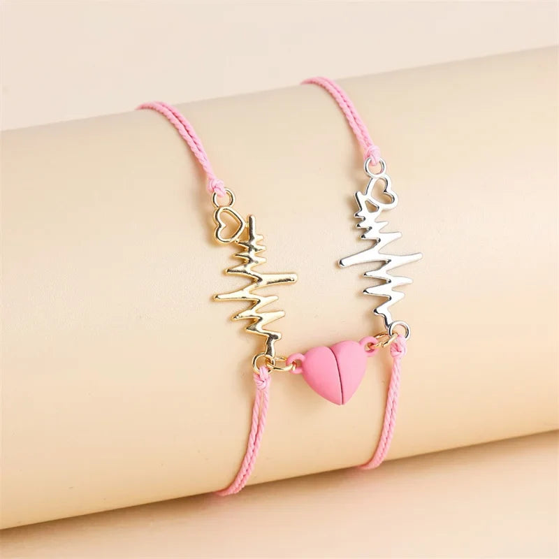 Couple Bracelets Magnetic Curb Link Bracelet Heart and Electrocardiogram 3