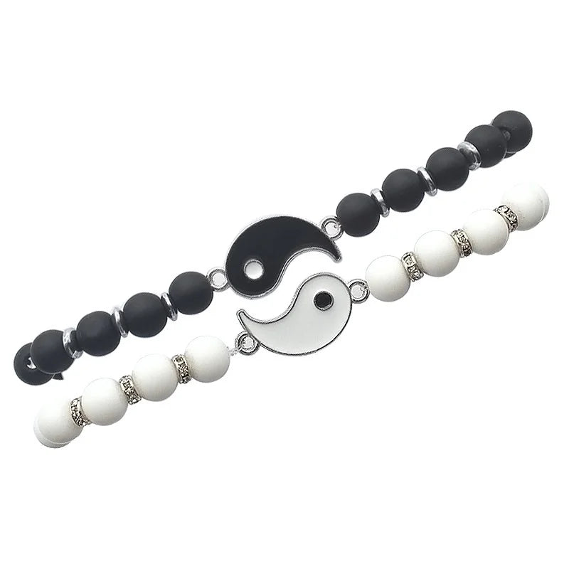 Couples' Bracelets, Separatable Yin Yang Link Bracelet in Natural Black and White Stones